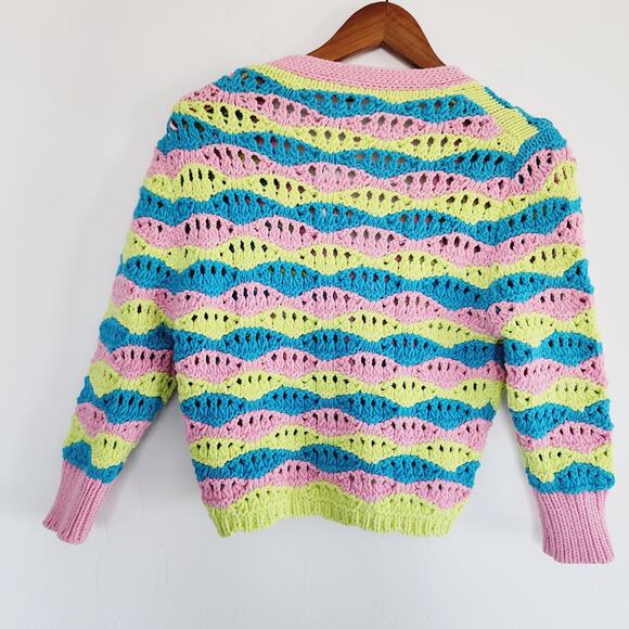 Zara Open Knit Tie Front Cardigan Pink & Blue Striped Open Sweater Size Small - Picture 3 of 7